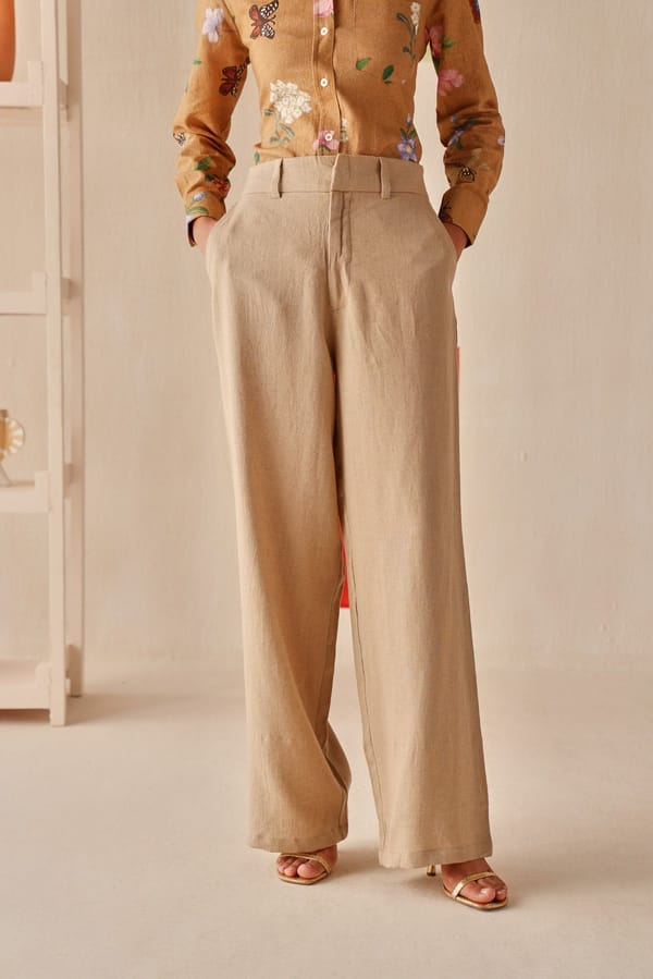 Solid Beige High-Waist Straight-Leg Linen-Blend Trousers — Sage by Mala