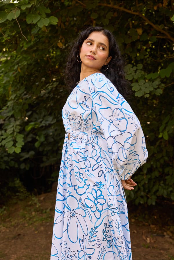 White and Blue Floral Poplin Midi Dress — HAPPI SPACE