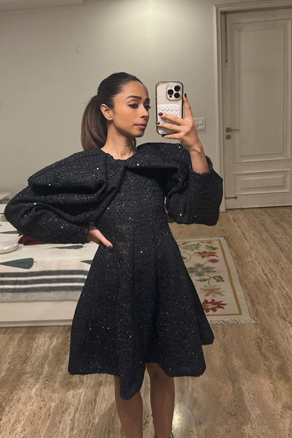 Black Tweed Mini Dress with Exaggerated Sleeves — 9899