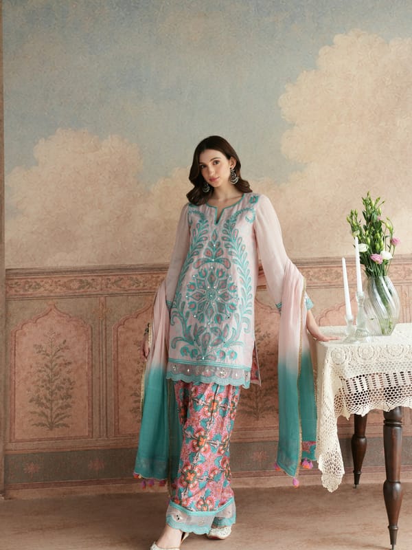 POWDER PINK & TEAL BLUE SHORT KURTA WITH FARSHI SALWAR & DUPATTA — TASHA INDIA