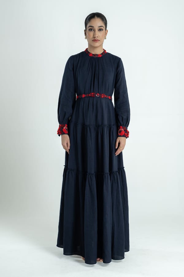 Navy Linen Tiered Maxi Dress with Embroidered Belt — Our Love