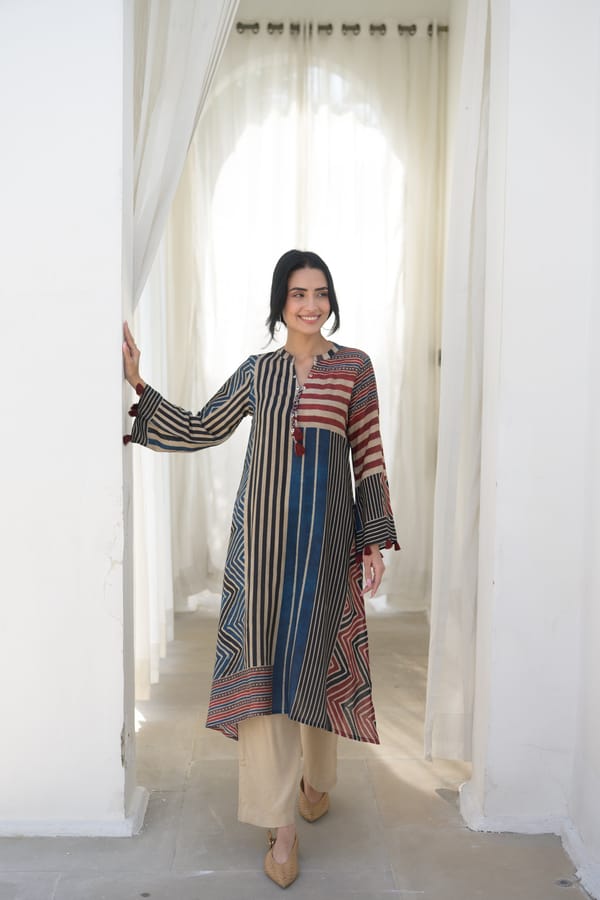 Red and Blue Stripes Muslin A Line Kurta Set-SET OF-2 — MAHEE JAIPUR