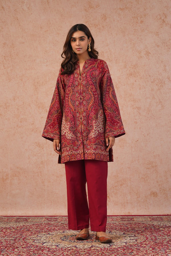 Red Paisley Printed Wool Blend Kurta Set with Pants — INCHING INDIA