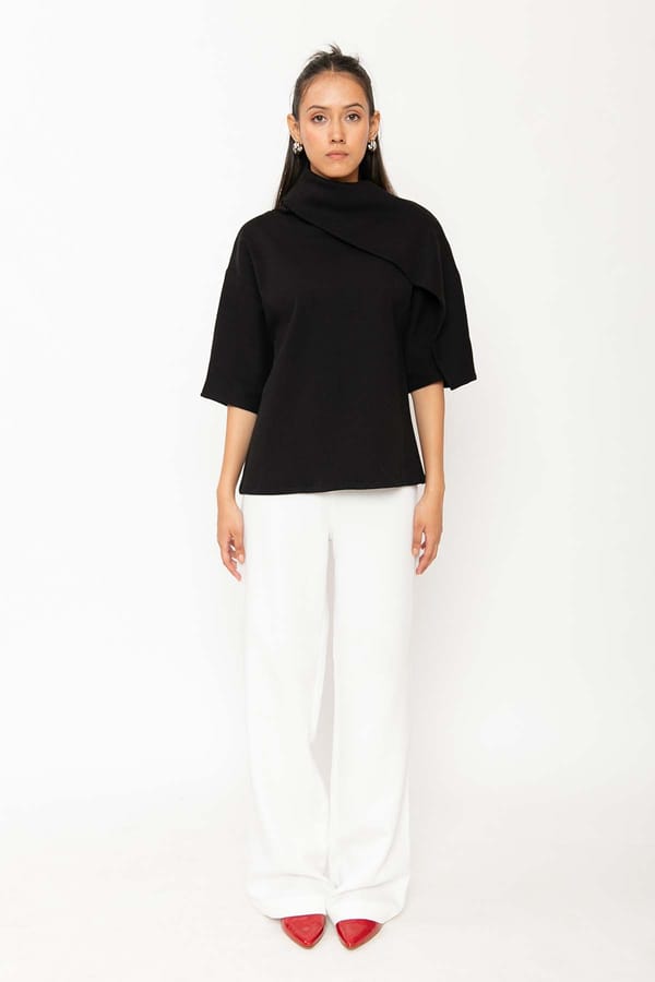 Black Asymmetric High Neck Relaxed Fit Top — Contemponari