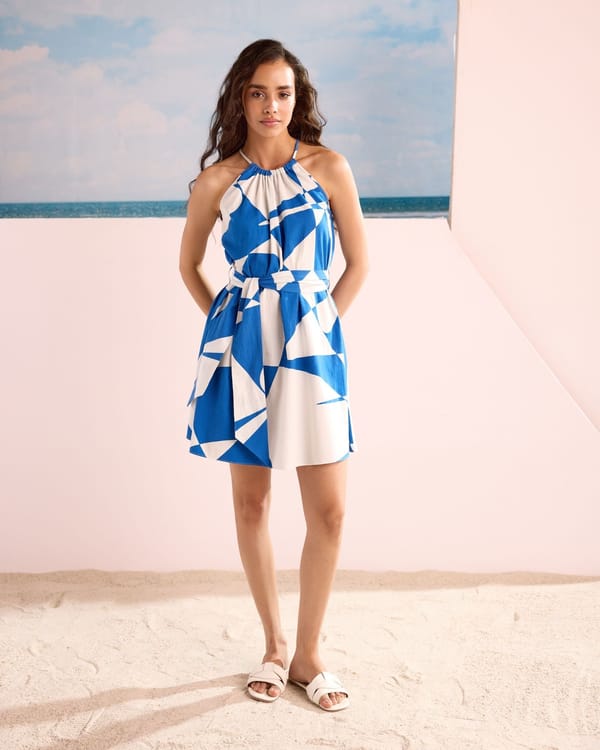 Blue/White Abstract Print Halter Mini Dress with Belt — ZAZU