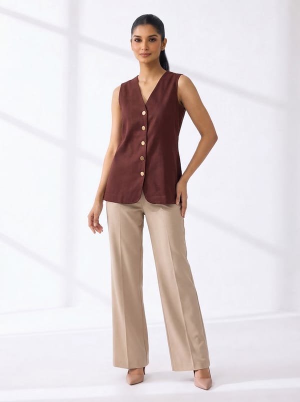 Dark Brown Linen Button-Front V-Neck Waistcoat — HEADSTRONG