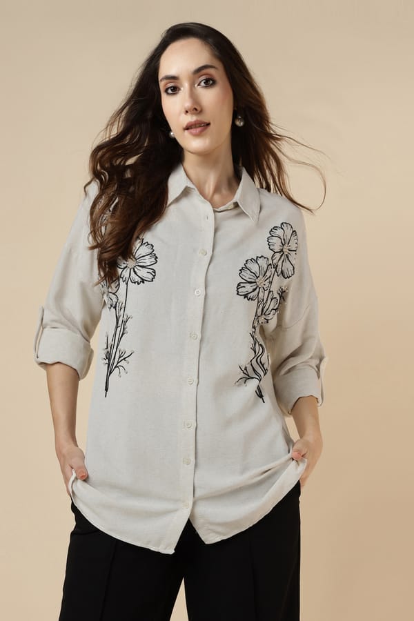 Natural Floral Embellished Longline Shirt — BURRASCA