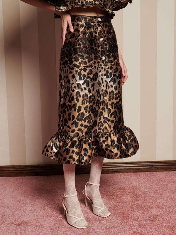 Brown Metallic Leopard Jacquard Midi Skirt — SISTER JANE