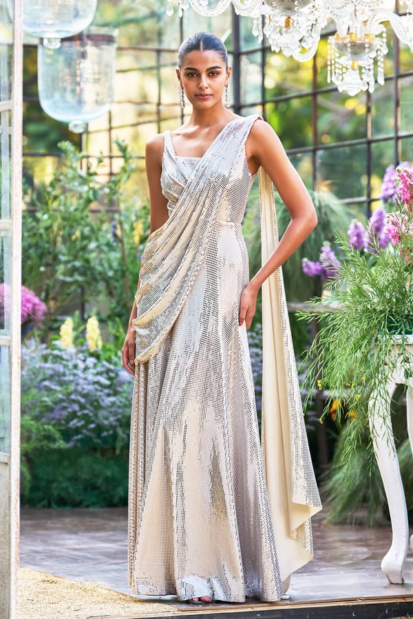 Ivory Silver Sari Drape Metallic Maxi Gown — Dash and Dot