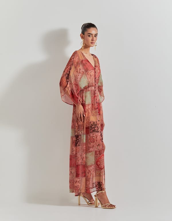 Multicolour Printed Chiffon Maxi Dress with Kaftan Sleeves — Kavita Bhartia