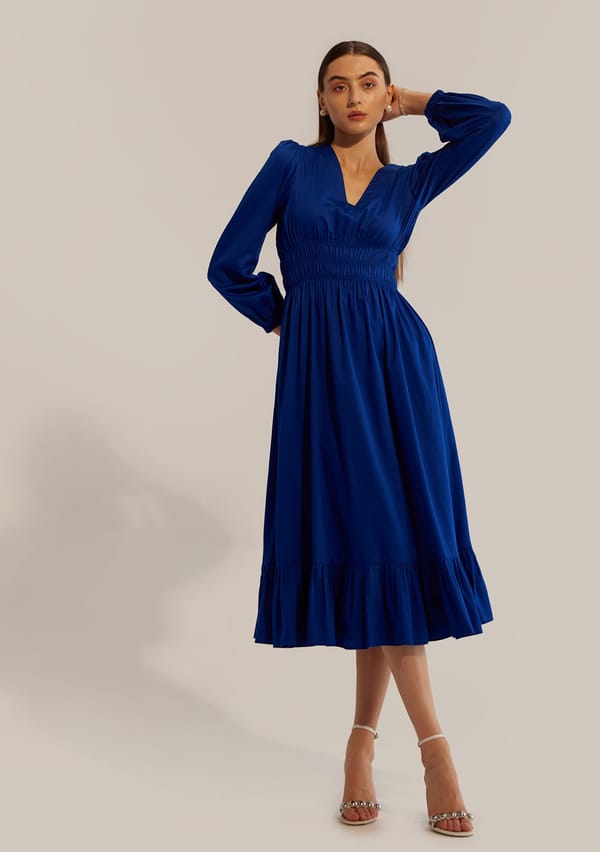 Blue Cotton Smocked Fit and Flare Midi Dress — AMOSHI