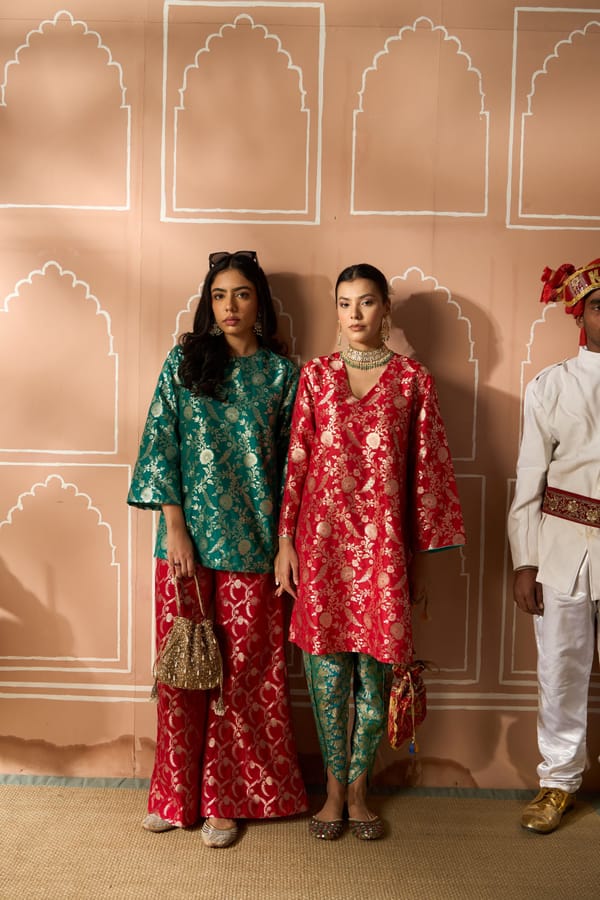 Green Tunic and Red Brocade Pant Co-ord Set — TASUVURE