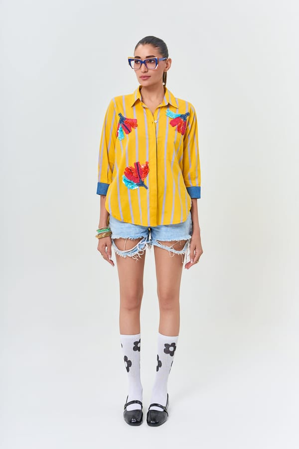 Yellow Striped Cotton Shirt With Floral Embellishments — KOR