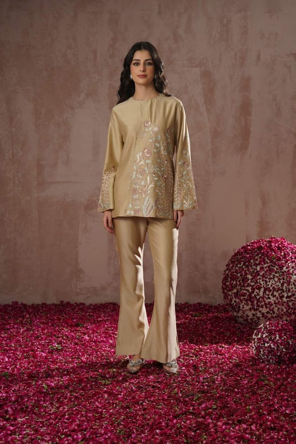 Beige Chanderi Silk Embroidered Co-ord Set — Simar Tuli