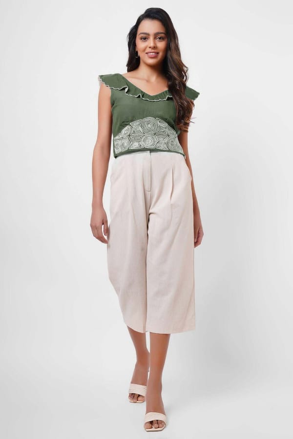 Waist Embroidered Green Linen Top — Western Era