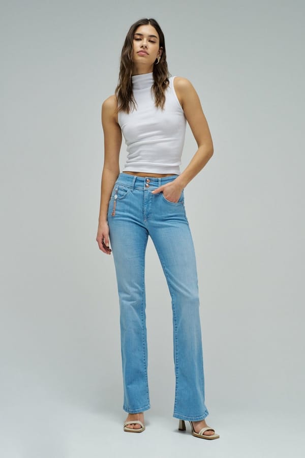 Light Wash Mid-Rise Bootcut Jeans with Double Button — SALSA JEANS