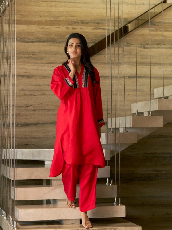 Bold Red Rayon Slub Contemporary Kurta Set — Truly SMA