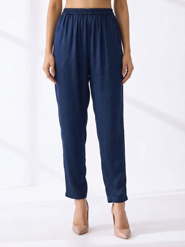 Blue Modal Satin Tapered Trousers — 5 Elements