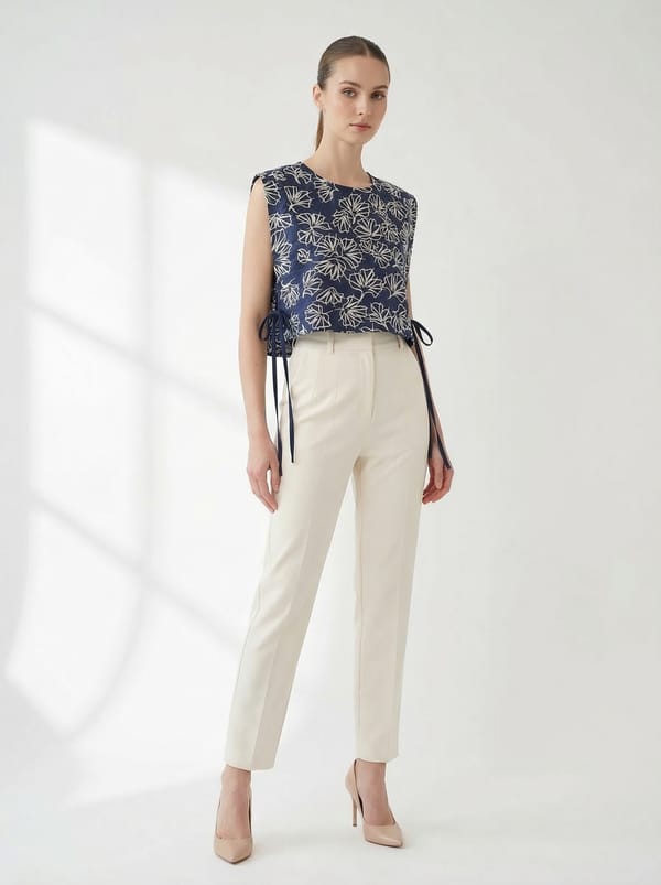 Navy Blue Floral Sleeveless Side Tie-Up Crop Top — KIHIKI