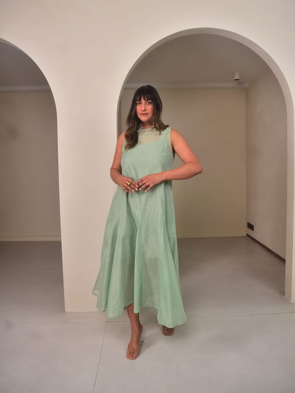 Green Chanderi Cotton Godet Panelled Midi Dress — Why So Blue