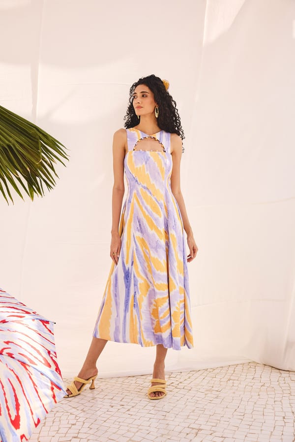 Lilac Abstract Print Cut-Out Neck Fit and Flare Midi Dress — Zip by Payal Zinal
