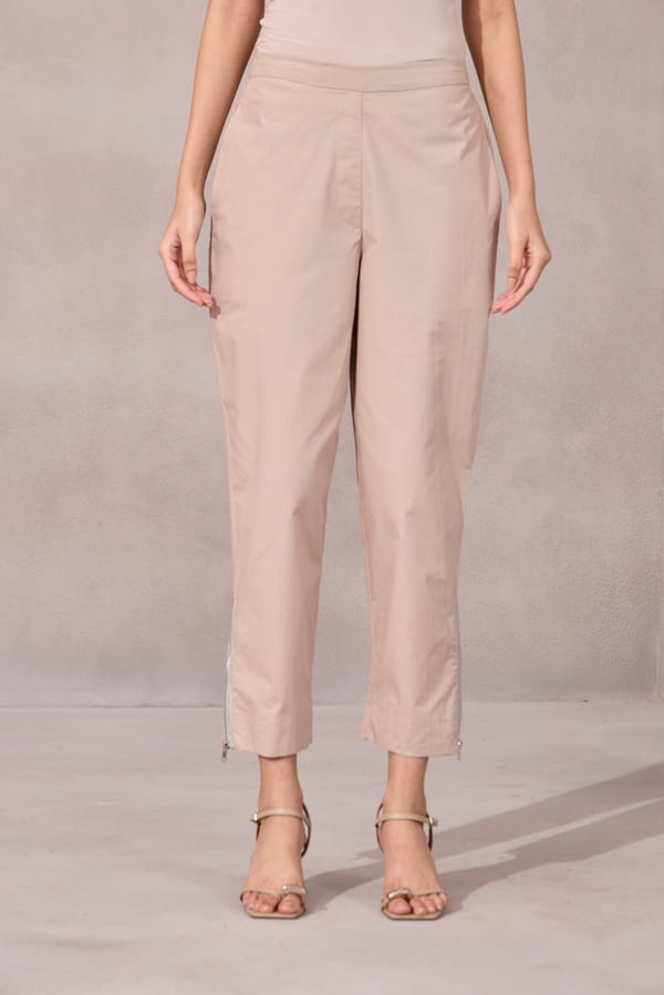 Ginger Beige Cotton Poplin Cigarette Pants with Hem Zips — 63East