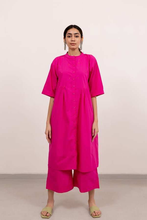 Pink Cotton Poplin Tunic and Wide-Leg Pants Co-ord Set — Silai studio