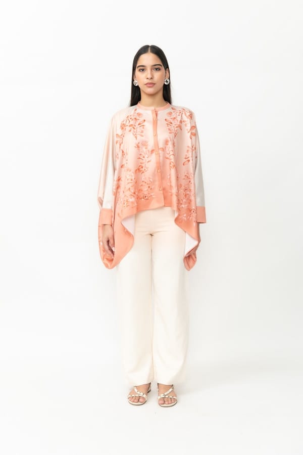 Peach Floral Printed High-Low Kaftan Shirt — Contemponari