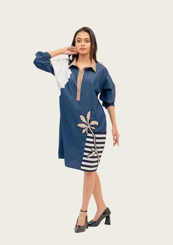 Blue Denim Combo Cotton Dress with Embroidery — Richa Goenka