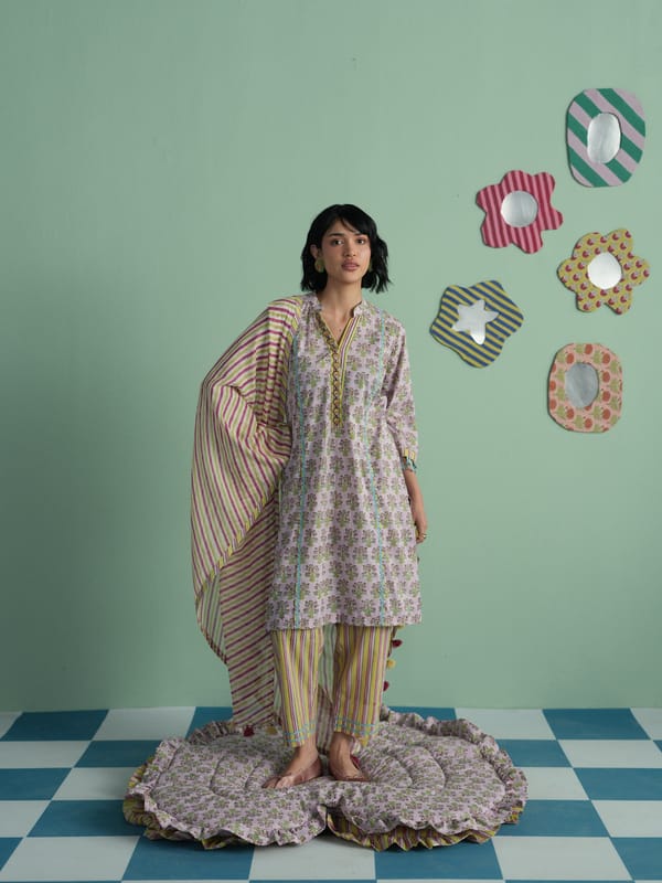 FLORA EASY FIT KURTA WITH STRIPED PANT & DUPATTA — TASHA INDIA