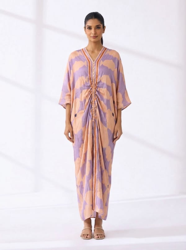 Lilac Persona Abstract Printed V-Neck Maxi Kaftan — CUIN