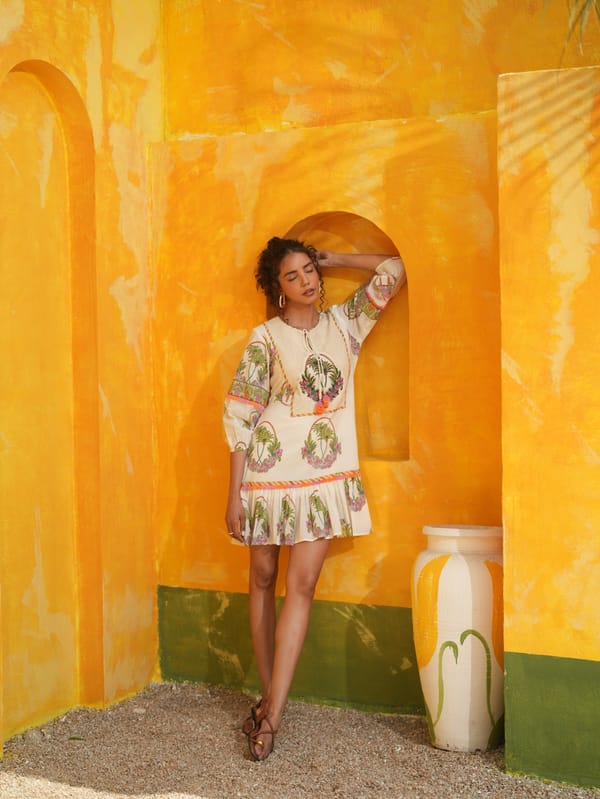 Off-White Tropical Print Tiered Mini Dress with Tie Neck — TASHA INDIA