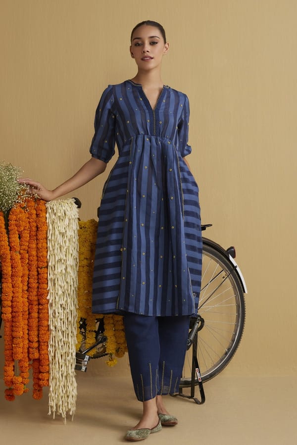 Navy Blue Linen Striped Flared Kurta Set — YELL