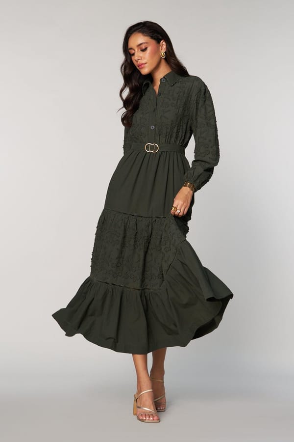 Green Schiffli Tiered Shirt Maxi Dress with Belt — Style Island