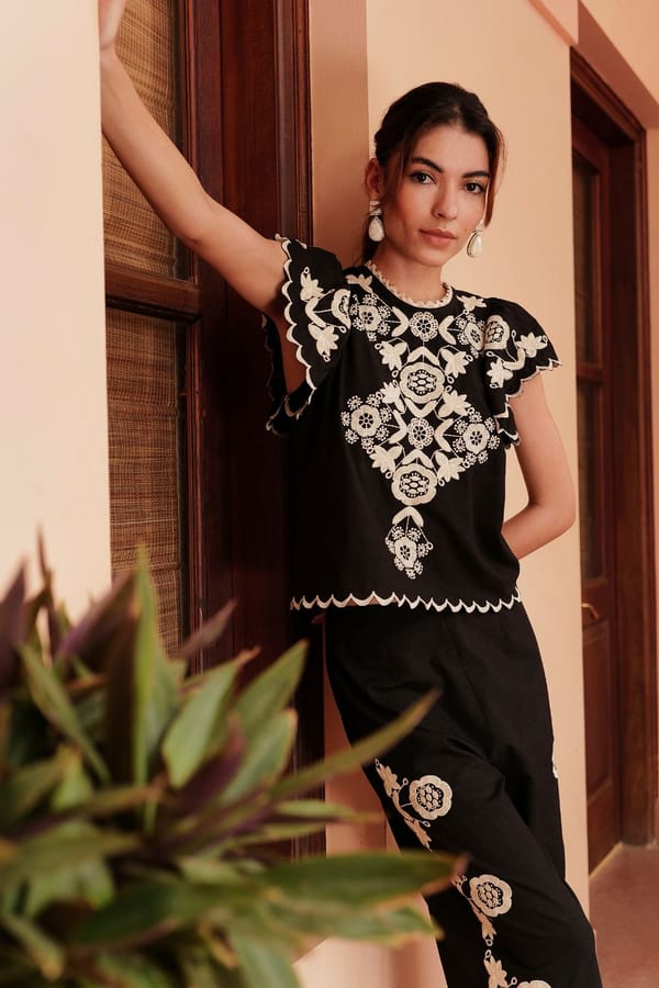 Black Linen Embroidered Flutter Sleeve Blouse — BOHO-CHIC