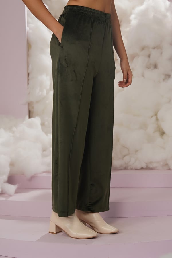 Olive Velvet Wide-Leg Pull-On Trousers — Chöjé