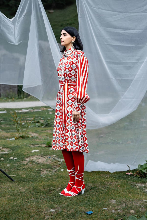 Red and White Printed Midi Shirt Dress with Belt — White Saturn