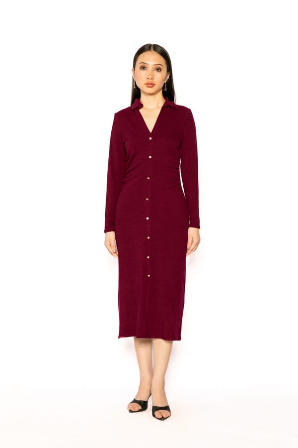 Wine Ruched Ribbed Midi Shirt Dress — Contemponari