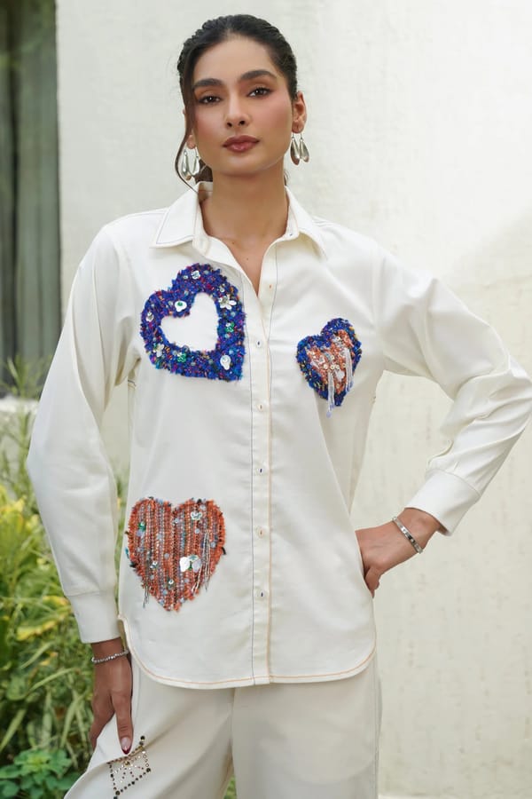 White Cotton Satin Shirt with Heart Patch Embellishment — STITCH STORIES