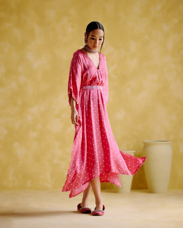 Pink Bandhani Kaftan with Beaded Belt and V-Neck — 5 Elements
