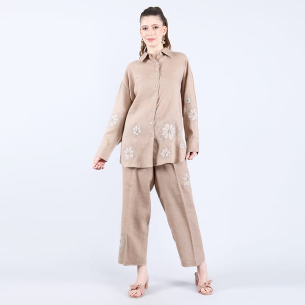 Khaki Linen Shirt and Pants Co-ord Set with Sequin Detail — Linen Bloom