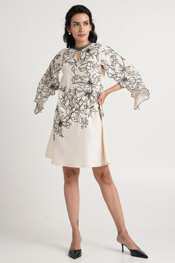 White Monochrome Embroidered Shift Dress with Cape Sleeves — Madder Much