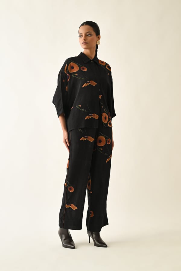 Black Abstract Printed Wide-Leg Drawstring Trousers — Ofrida