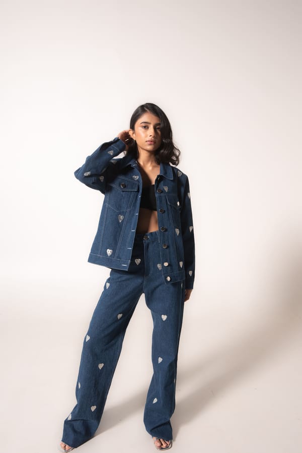 Blue High-Waisted Straight-Leg Jeans with Bejewelled Hearts — MAGIA