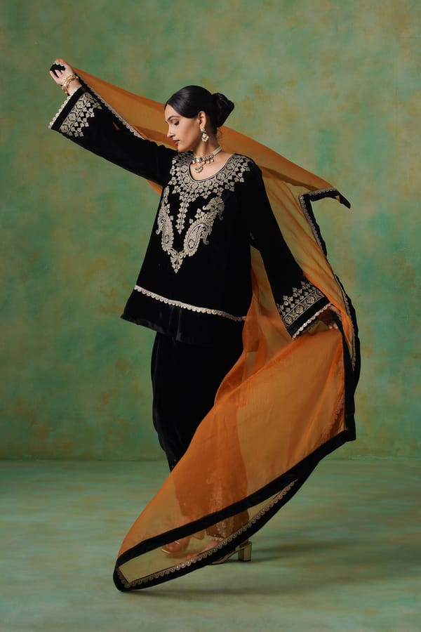 Black Velvet Embroidered Suit Set with Dupatta — NEETIKA CHOPRA