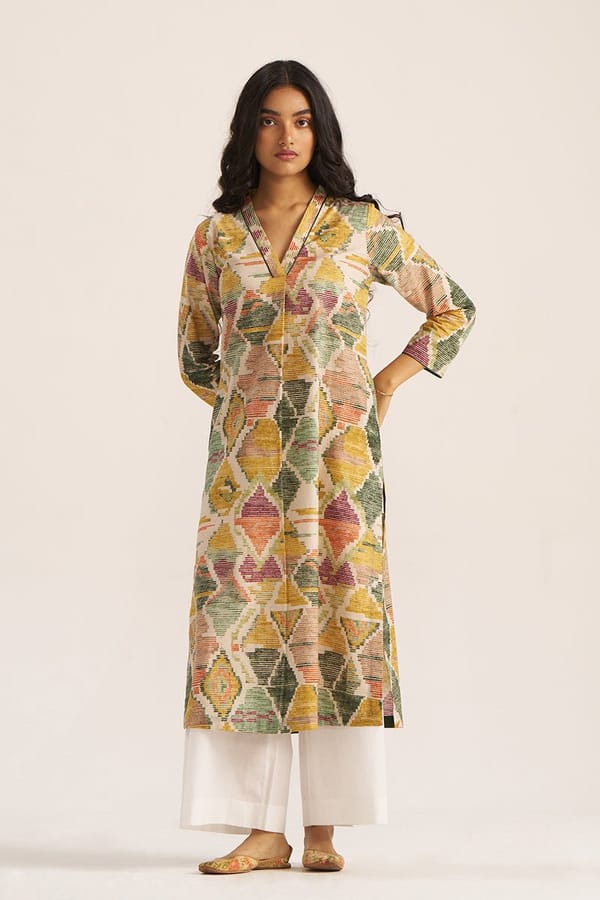 Moss Green Mustard Geometric Print Cotton Kurta — Ganga Fashions Pvt Ltd