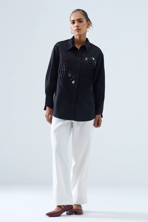 Black Button-Down Shirt with Textured Heart Detail — STITCH STORIES