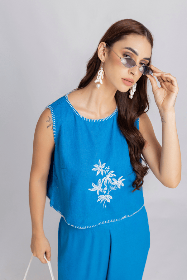 Blue Linen Embroidered Crop Top and Wide-Leg Co-ord Set — Designs by Queen Bee