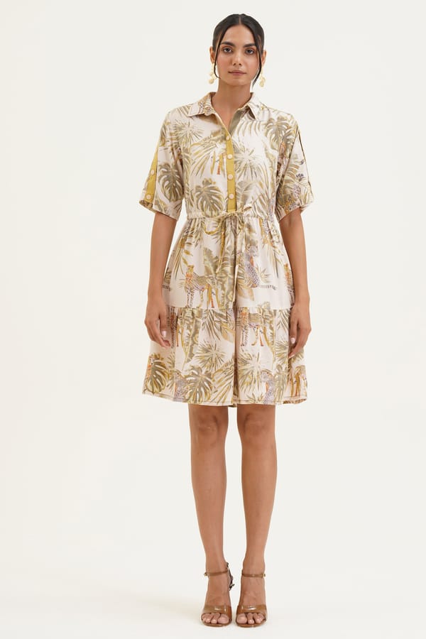 Leopard Print Tiered Knee-Length Shirt Dress with Waist Tie — STITCH STORIES