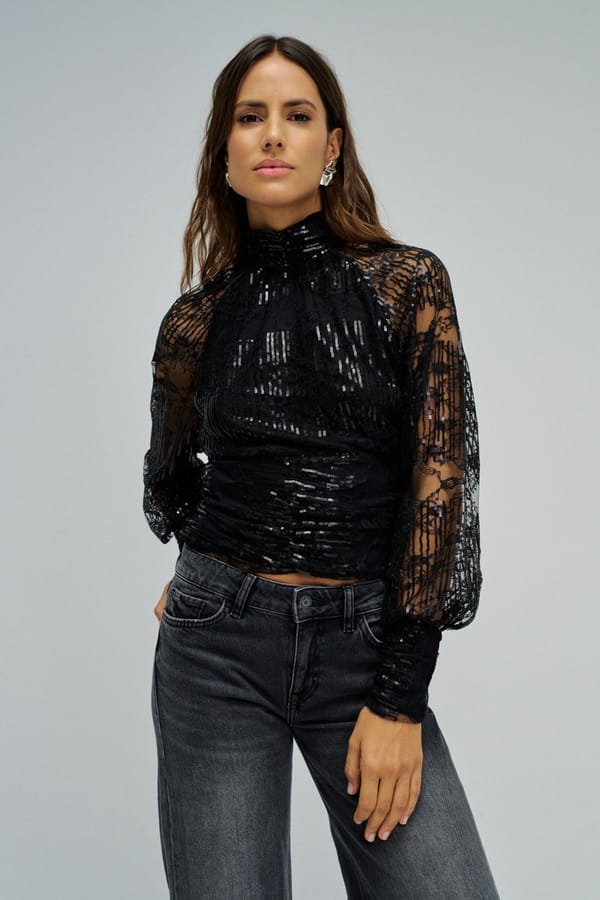 Black High-Neck Sequin Top with Sheer Lace Sleeves — SALSA JEANS